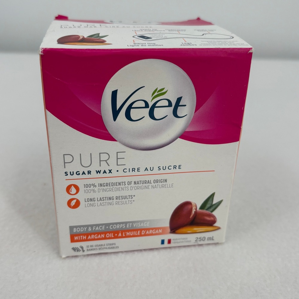 Veet Pure Sugar Wax Body and Face with Argan Oil 250mL 12 Reusable Strips New
